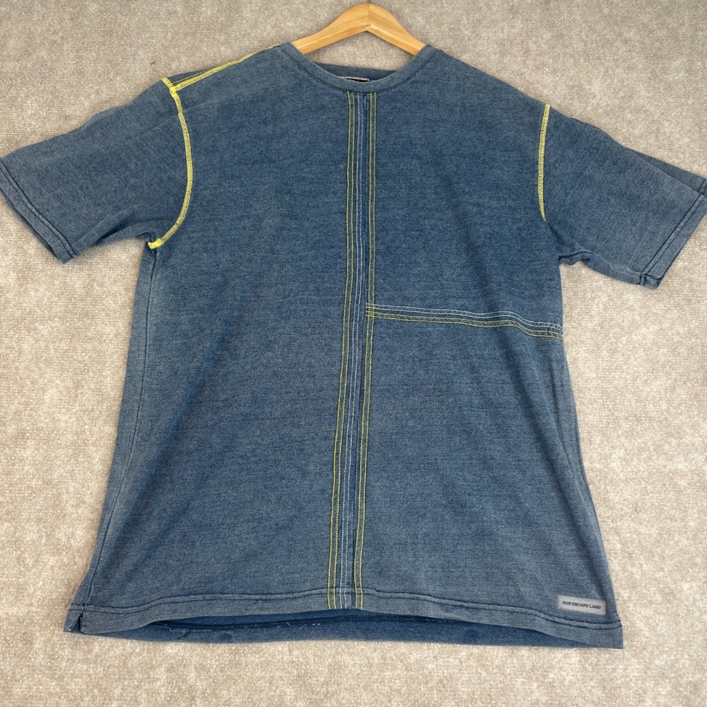 DUR ESCAPE LAND Denim Look TShirt Yellow Stitching L Mens‎ Casual Short Sleeve